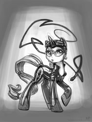 Size: 750x1000 | Tagged: safe, artist:kp-shadowsquirrel, rarity, pony, unicorn, catsuit, catwoman, crossover, grayscale, monochrome, parody, solo, weapon, whip