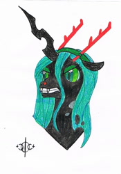 Size: 961x1371 | Tagged: safe, artist:assertiveshypony, queen chrysalis, changeling, changeling queen, pony, angry, antlers, bust, christmas changeling, drawing, female, portrait, reindeer antlers, rudolph the red nosed reindeer, simple background, solo, traditional art, white background