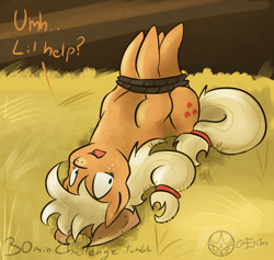 Size: 1000x948 | Tagged: safe, artist:aeritus, applejack, earth pony, pony, 30 minute art challenge, bondage, bound, hogtied, rope