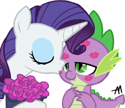 Size: 1140x989 | Tagged: safe, artist:bananimationofficial, rarity, spike, dragon, pony, unicorn, flower, kiss mark, kissing, male, shipping, sparity, straight