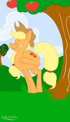 Size: 4000x7000 | Tagged: safe, artist:batqol, applejack, earth pony, pony, apple, applebucking, tree