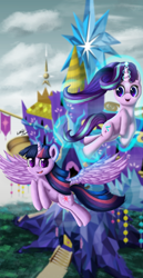 Size: 2550x4957 | Tagged: safe, artist:akatsukibritt, starlight glimmer, twilight sparkle, twilight sparkle (alicorn), alicorn, pony, unicorn, flying, levitation, magic, self-levitation, signature, telekinesis, twilight's castle