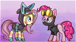 Size: 1112x612 | Tagged: safe, artist:flarities, fluttershy, pinkie pie, earth pony, pegasus, pony, blushing, bunny ears, clothes, dangerous mission outfit, duo, female, goggles, hoodie, mare, ninja, pinkie spy