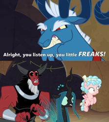 Size: 2000x2246 | Tagged: safe, edit, edited screencap, screencap, cozy glow, grogar, lord tirek, queen chrysalis, centaur, changeling, changeling queen, pegasus, pony, sheep, frenemies (episode), abuse, angry, beard, bow, caption, chrysabuse, clenched teeth, cozybuse, crown, cutie mark, evil lair, eyebrows, facial hair, fangs, female, filly, grogar's lair, horn, horns, image macro, jewelry, lair, legion of doom, leopold, male, meme, nervous, nose piercing, nose ring, piercing, quote, ram, reference, regalia, scared, shackles, text, the simpsons, tirekabuse, wings