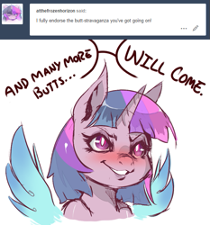 Size: 579x620 | Tagged: safe, artist:lunarmarshmallow, twilight sparkle, twilight sparkle (alicorn), alicorn, pony, ask, butts, cold blooded twilight, dialogue, grin, lidded eyes, nose wrinkle, smiling, smirk, solo, spread wings, tumblr, wingboner