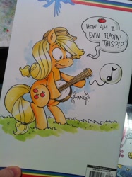 Size: 1024x1371 | Tagged: safe, artist:katiecandraw, applejack, earth pony, pony, banjo, dialogue, lampshade hanging, musical instrument, photo, speech bubble, traditional art, unopposable hooves