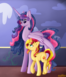 Size: 2150x2500 | Tagged: safe, artist:mailner, sunset shimmer, twilight sparkle, twilight sparkle (alicorn), alicorn, pony, unicorn, duo, female, mare, older, older twilight, size difference, ultimate twilight