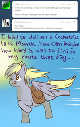 Size: 658x1048 | Tagged: safe, derpy hooves, pegasus, pony, ask derpyhooves, bag, female, flying, mare, solo, tumblr