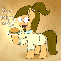 Size: 950x950 | Tagged: safe, artist:lamia, eileen, glasses, ponified, regular show, sandwich, solo, species swap, waitress