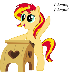 Size: 5019x5069 | Tagged: safe, artist:sugar-loop, sunset shimmer, pony, unicorn, absurd resolution, back to school, bipedal, cute, daaaaaaaaaaaw, desk, dialogue, exclamation point, filly, filly sunset shimmer, hilarious in hindsight, hnnng, newbie artist training grounds, open mouth, raised hoof, shimmerbetes, smiling, solo, speech bubble, younger