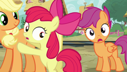 Size: 1280x720 | Tagged: safe, screencap, apple bloom, applejack, scootaloo, earth pony, pegasus, pony, just for sidekicks, female, filly, looking at you, looking back, mare, reaction image, wide eyes