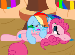 Size: 983x728 | Tagged: safe, artist:pokewarriormelodies, derpibooru import, pinkie pie, rainbow dash, earth pony, pegasus, pony, fanfic:the party hasn't ended, crying, death, empty eyes, fanfic, fanfic art, female, floppy ears, golden oaks library, lesbian, mare, on back, pinkiedash, shipping