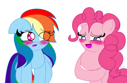 Size: 1610x1056 | Tagged: safe, artist:pokewarriormelodies, derpibooru import, pinkie pie, rainbow dash, earth pony, pegasus, pony, blushing, female, floppy ears, hair over one eye, lesbian, open mouth, pinkiedash, shipping, smiling