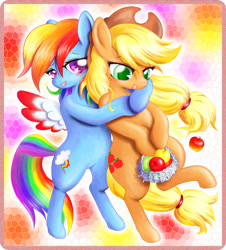 Size: 557x616 | Tagged: safe, artist:kurenai no tsubasa, derpibooru import, applejack, rainbow dash, earth pony, pegasus, pony, apple, appledash, female, hug, lesbian, pixiv, shipping