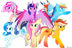 Size: 1500x1000 | Tagged: safe, artist:php41, derpibooru exclusive, derpibooru import, applejack, fluttershy, pinkie pie, rainbow dash, rarity, twilight sparkle, twilight sparkle (alicorn), alicorn, earth pony, pegasus, pony, unicorn, cute, female, flying, leaning, looking at you, mane six, mare, open mouth, pointing, pony hat, rainbow power, rainbow power-ified, raised hoof, smiling, spread wings