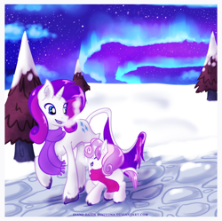 Size: 836x832 | Tagged: safe, artist:miniyuna, rarity, sweetie belle, classical unicorn, pony, unicorn, aurora borealis, clothes, cloud, cloudy, leonine tail, scarf, sisters, snow, stars, tree, unshorn fetlocks, winter