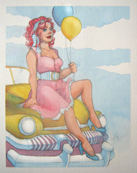 Size: 900x1131 | Tagged: safe, artist:the-moonsquid, pinkie pie, balloon, car, humanized, solo, traditional art