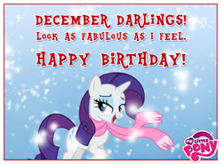 Size: 850x628 | Tagged: safe, rarity, pony, unicorn, birthday, clothes, happy birthday, official, scarf, snow, snowfall, solo, text, winter