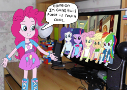 Size: 1228x873 | Tagged: safe, artist:equestriaguy637, artist:favoriteartman, derpibooru import, applejack, fluttershy, pinkie pie, rainbow dash, rarity, twilight sparkle, equestria girls, bracelet, clothes, computer, cowboy hat, cutie mark on clothes, desk, desk lamp, dialogue, equestria girls in real life, fourth wall, freckles, frown, grin, hat, humane five, humane six, irl, jewelry, mane six, microphone, monitor, photo, skirt, smiling, speakers, speech bubble, stetson, webcam, wide eyes, wristband