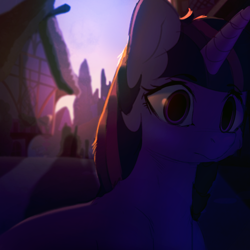 Size: 1024x1024 | Tagged: safe, artist:lunarmarshmallow, twilight sparkle, pony, female, ponyville, solo, sunrise