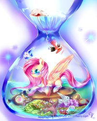 Size: 1200x1500 | Tagged: safe, artist:aquagalaxy, fluttershy, bird, fish, pegasus, pony, crying, solo