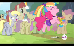 Size: 1680x1050 | Tagged: safe, screencap, derpy hooves, dizzy twister, merry may, orange swirl, parasol, pinkie pie, sunshower raindrops, pegasus, pony, rainbow falls, female, hub logo, lidded eyes, mare, skirt, the grey one's glorious return