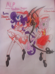 Size: 597x800 | Tagged: safe, artist:w.wheat, rarity, sweetie belle, anthro, cosplay, flandre scarlet, pixiv, remilia scarlet, remirarity, touhou