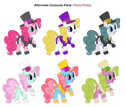 Size: 2835x2395 | Tagged: safe, artist:pika-robo, artist:star-burn, cloudy quartz, cup cake, daisy, flower wishes, minty, pinkie pie, surprise, earth pony, pony, alternate costumes, clothes, hat, recolor, top hat, tuxedo