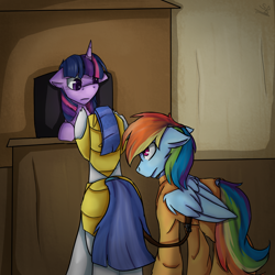 Size: 1500x1500 | Tagged: safe, artist:starsketchmeh, derpibooru import, rainbow dash, twilight sparkle, pegasus, pony, clothes, courtroom, prison outfit, prisoner, prisoner rd, royal guard, sad, trial