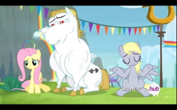 Size: 1680x1050 | Tagged: safe, screencap, bulk biceps, derpy hooves, fluttershy, pegasus, pony, rainbow falls, female, mare, shrug, the grey one's glorious return