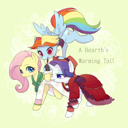 Size: 1200x1200 | Tagged: safe, artist:kkmrarar, derpibooru import, flutterholly, fluttershy, merry, rainbow dash, rarity, pegasus, pony, unicorn, a hearth's warming tail, bowtie, clothes, colored pupils, dress, female, flying, hat, ivory shirt, lidded eyes, mare, open mouth, rainbow dash always dresses in style, rainbow dash is best pony, raised hoof, snowdash, title, trio, waistcoat, walking