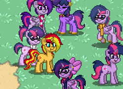 Size: 304x220 | Tagged: safe, sci-twi, sunset shimmer, twilight sparkle, twilight sparkle (alicorn), alicorn, pony, female, lesbian, mare, pony town, ponytail, scitwishimmer, shipping, sunset twiangle, sunsetsparkle, twolight