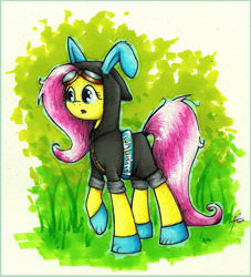 Size: 800x882 | Tagged: safe, artist:moonlightfl, fluttershy, pegasus, pony, rabbit, magic duel, bunny ears, clothes, cute, dangerous mission outfit, female, goggles, hoodie, mare, markers, solo, traditional art, tree