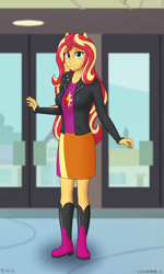 Size: 3000x5000 | Tagged: safe, artist:theovermare, sunset shimmer, equestria girls, boots, clothes, jacket, leather jacket, looking at you, multiple variants, pony ears, skirt, smiling, solo