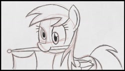 Size: 1280x720 | Tagged: safe, artist:chir-miru, derpy hooves, pegasus, pony, rainbow falls, female, mare, monochrome, pennant, sketch, solo, the grey one's glorious return