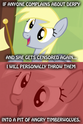 Size: 528x792 | Tagged: safe, derpy hooves, pegasus, pony, timber wolf, rainbow falls, caption, don't you even think about it, drama, female, internet tough guy, mare, meme, the grey one's glorious return