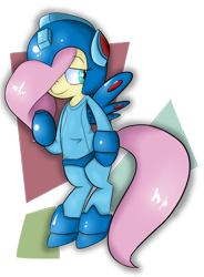 Size: 1230x1673 | Tagged: safe, artist:8-blit-poni, fluttershy, pony, bipedal, cosplay, crossover, dressup, megaman, megamare, solo