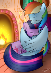 Size: 2480x3507 | Tagged: safe, artist:twidasher, derpibooru import, rainbow dash, twilight sparkle, pegasus, pony, unicorn, cuddling, female, fireplace, golden oaks library, hug, lesbian, mare, shipping, sleeping, sleeping while sitting, twidash, winghug