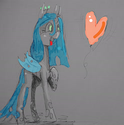 Size: 1884x1904 | Tagged: safe, artist:roadboat, queen chrysalis, changeling, changeling queen, balloon, female, heart, heart balloon, one hoof raised, open mouth, smiling, solo