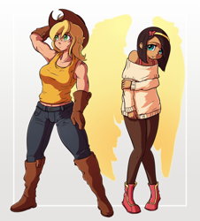 Size: 950x1050 | Tagged: safe, artist:fore-trekker, applejack, fluttershy, applebucking thighs, armpits, humanized, natural hair color