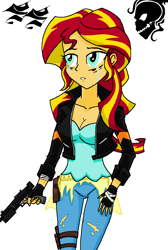 Size: 828x1233 | Tagged: safe, artist:emichaca, sunset shimmer, equestria girls, breasts, cleavage, clothes, crying, female, fingerless gloves, gloves, gun, sunset jiggler, torn clothes, weapon, zombie apocalypse