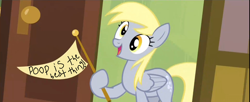 Size: 1280x523 | Tagged: safe, edit, derpy hooves, pegasus, pony, rainbow falls, bad edit, derpy's flag, female, mare, poop, sign, solo, that's derpy to you