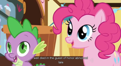 Size: 852x468 | Tagged: safe, screencap, pinkie pie, spike, dragon, earth pony, pony, griffon the brush off, meme, youtube caption