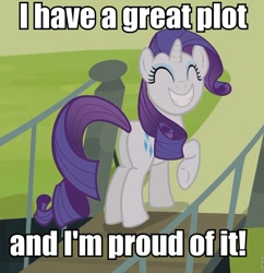 Size: 829x857 | Tagged: safe, edit, edited screencap, screencap, rarity, pony, unicorn, castle mane-ia, season 4, bridge, butt, caption, female, happy, image macro, mare, plot, roflbot, smiling, solo