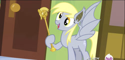 Size: 1919x930 | Tagged: safe, edit, screencap, derpy hooves, bat pony, pony, rainbow falls, cane, crossing the memes, derpy's flag, solo, twilight scepter
