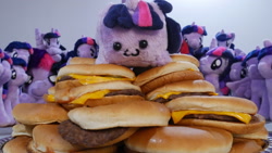 Size: 1920x1080 | Tagged: safe, artist:kuroran, artist:ponimalion, photographer:sometwifag, twilight sparkle, twilight sparkle (alicorn), alicorn, original species, :3, burger, cheeseburger, food, hamburger, irl, multeity, photo, plush pony, plushie, sparkle sparkle sparkle, surrounded, surrounded by plushies, twilight burgkle, twilight cat, twiloaf