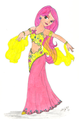 Size: 717x1115 | Tagged: safe, artist:zellykat, fluttershy, human, bedroom eyes, belly button, belly dancer, belly dancer outfit, clothes, ear piercing, eyeshadow, humanized, long skirt, makeup, midriff, piercing, skirt, solo, traditional art