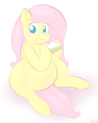 Size: 712x898 | Tagged: safe, artist:lamia, fluttershy, pegasus, pony, eating, krystal can't enjoy her sandwich, looking at you, meme, pregnant, sandwich, sitting, solo