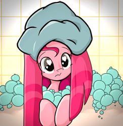 Size: 2576x2648 | Tagged: safe, artist:tivy, pinkie pie, pony, bath, bubble, cute, cuteamena, diapinkes, head towel, heart eyes, looking at you, pinkamena diane pie, rock, solo, wingding eyes