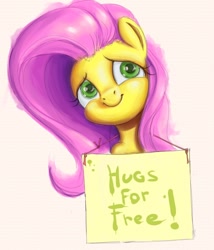 Size: 682x796 | Tagged: safe, artist:phoreen, fluttershy, pegasus, pony, cute, hug, shyabetes, sign, solo, this will end in tears